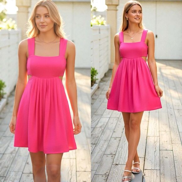 Hot Pink Mini Dress Pocket Washed Satin Cutout Skirt Bandeau | Davi & Dani - Picture 2 of 16